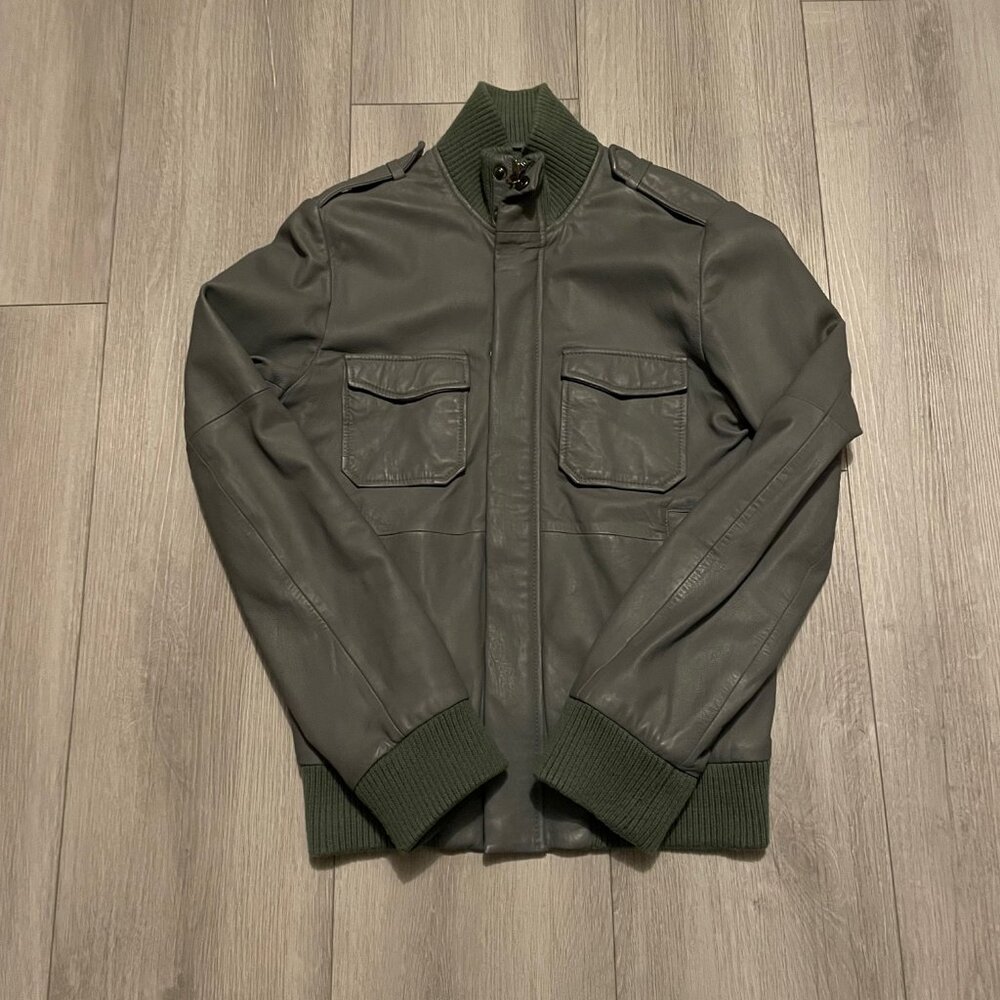 French Connection Men's Leather Bomber Jacket X-Small Grey